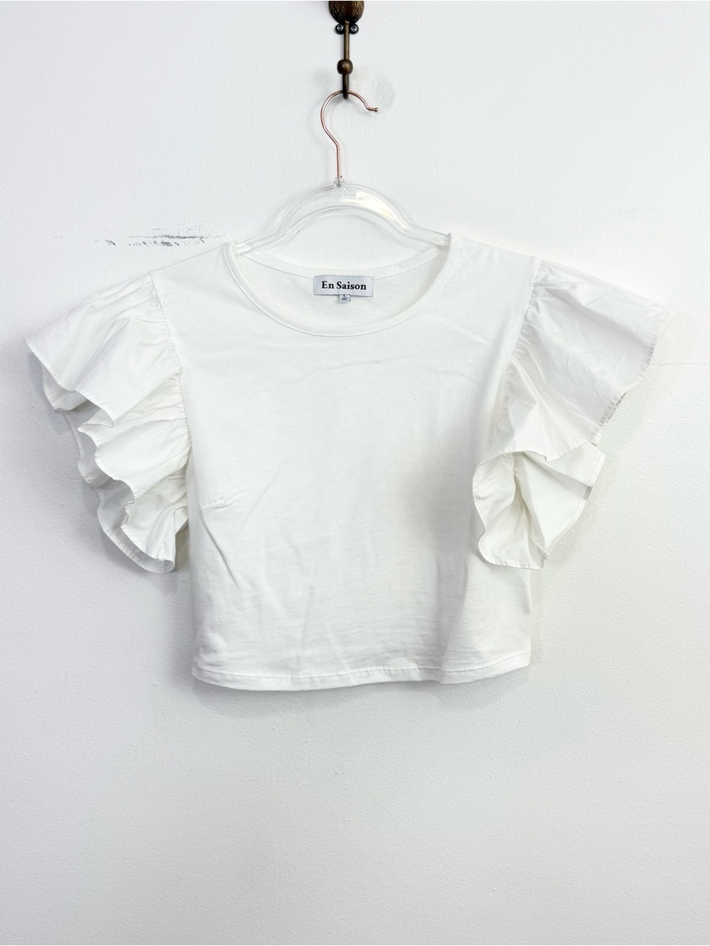 Anthropologie En Saison Ruffle Sleeve Knit Top White Cropped Tee Size L